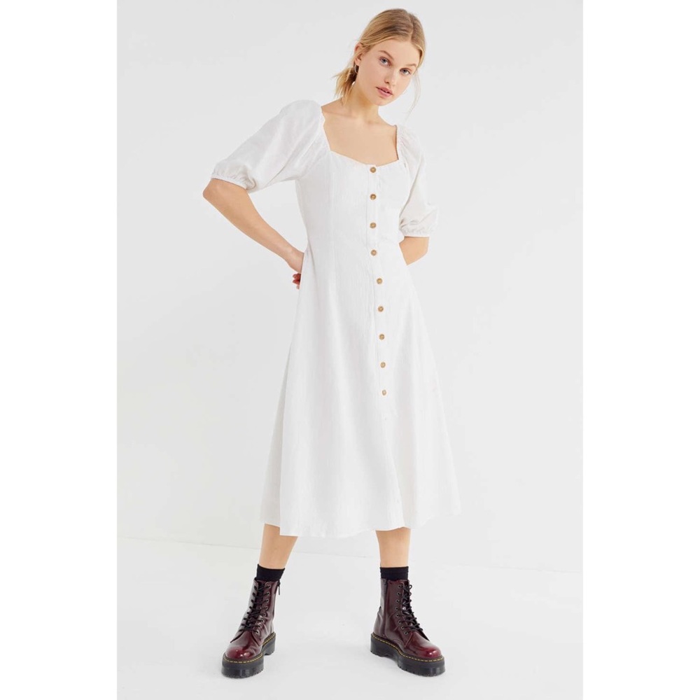 UO Maria Puff Sleeve Button Front Midi Dress